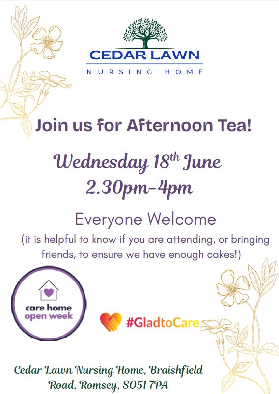 Afternoon tea invitation poster with date, time, and location details.