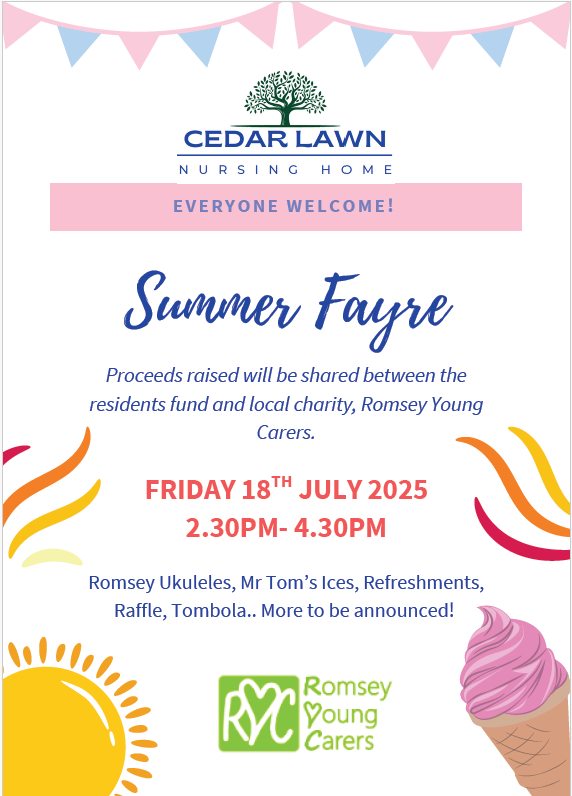 Poster for Cedar Lawn Nursing Home Summer Fayre, 18 July 2025, 2:30–4:30 PM, with activities and charity fundraising.