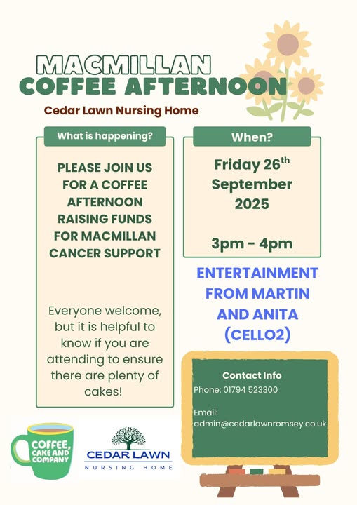 Poster for a Macmillan Coffee Afternoon at Cedar Lawn Nursing Home with date, time, and event details.