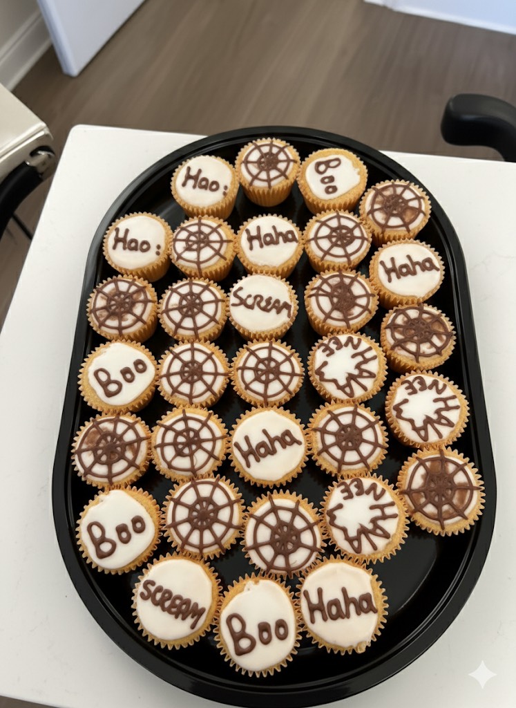 Tray of Halloween-themed cupcakes decorated with “Boo,” “Haha,” and spiderweb designs.