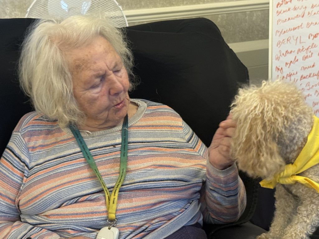 Elderly woman gently interacting with a small dog sitting nearby.