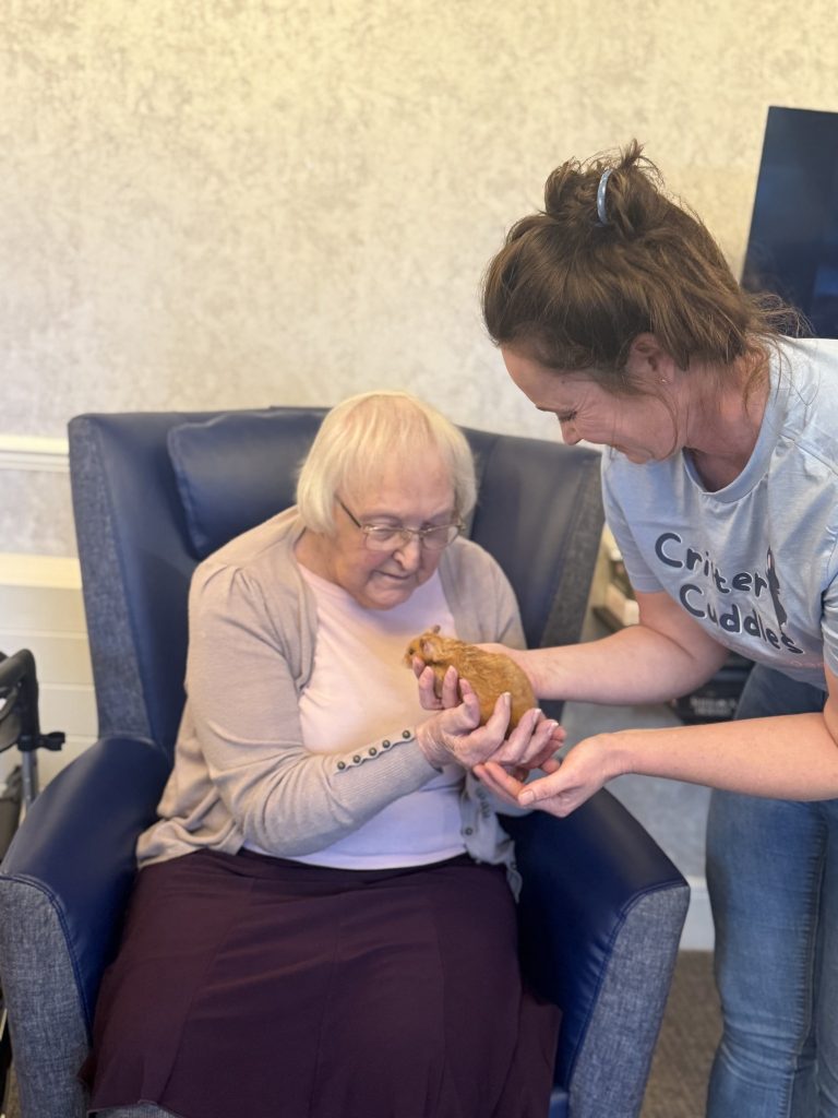 Caregiver assisting an elderly woman as she holds a small brown rabbit.