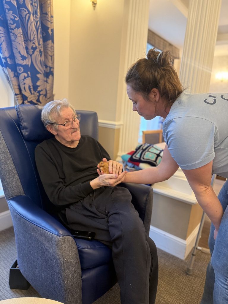 Caregiver helps an elderly man hold a small hamster while seated.
